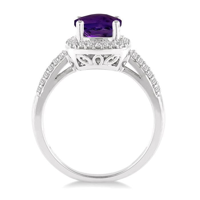 7x7 MM Cushion Shape Amethyst and 1/3 Ctw Round Cut Diamond Ring in 14K White Gold