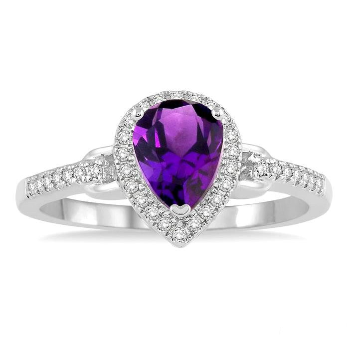 Pear Shape Amethyst and 1/6 Ctw Round Cut Diamond Ring in 10K White Gold