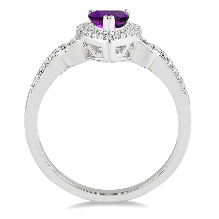 Pear Shape Amethyst and 1/6 Ctw Round Cut Diamond Ring in 10K White Gold