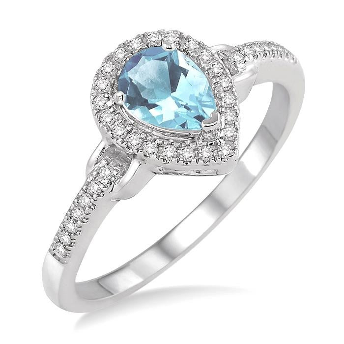 7x5 MM Pear Shape Aquamarine and 1/6 Ctw Round Cut Diamond Ring in 10K White Gold