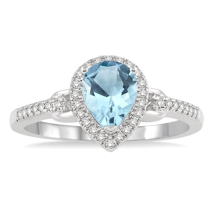 7x5 MM Pear Shape Aquamarine and 1/6 Ctw Round Cut Diamond Ring in 10K White Gold