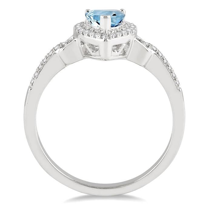 7x5 MM Pear Shape Aquamarine and 1/6 Ctw Round Cut Diamond Ring in 10K White Gold