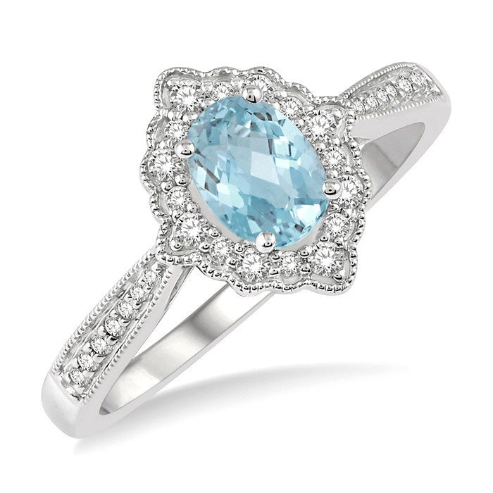 6x4 MM Oval Shape Aquamarine and 1/5 Ctw Round Cut Diamond Semi-Precious Ring in 10K White Gold