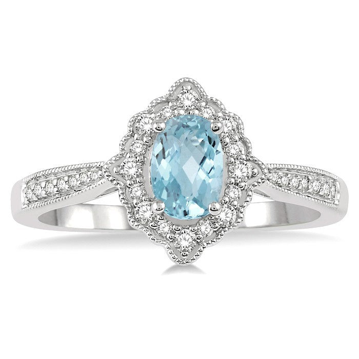 6x4 MM Oval Shape Aquamarine and 1/5 Ctw Round Cut Diamond Semi-Precious Ring in 10K White Gold