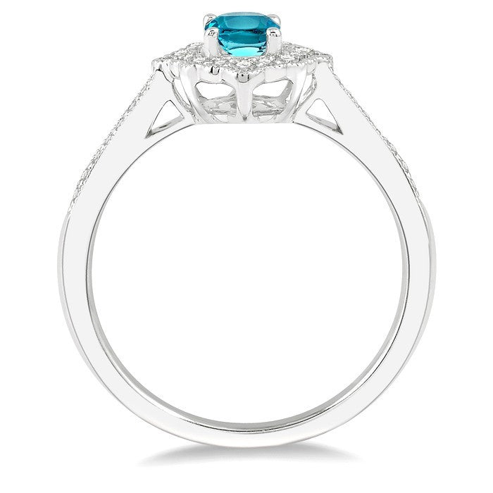 6x4 MM Oval Shape Aquamarine and 1/5 Ctw Round Cut Diamond Semi-Precious Ring in 10K White Gold