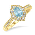 6x4 MM Oval Shape Aquamarine and 1/5 Ctw Round Cut Diamond Semi-Precious Ring in 10K Yellow Gold