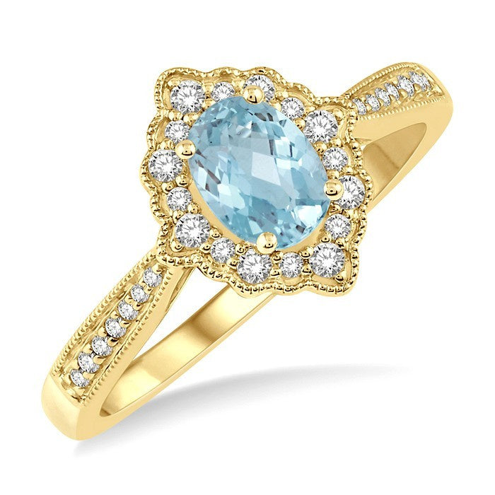 6x4 MM Oval Shape Aquamarine and 1/5 Ctw Round Cut Diamond Semi-Precious Ring in 10K Yellow Gold
