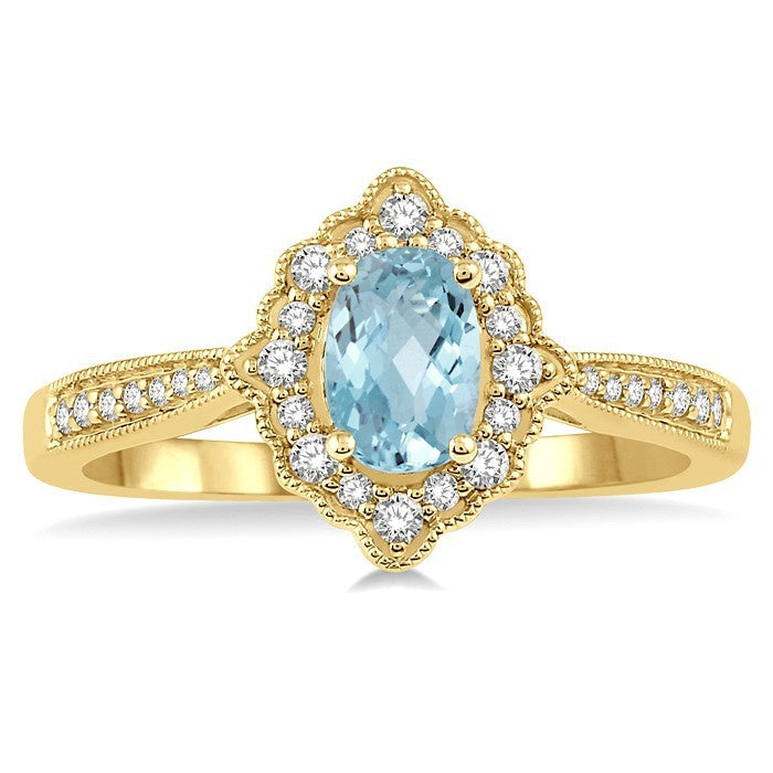 6x4 MM Oval Shape Aquamarine and 1/5 Ctw Round Cut Diamond Semi-Precious Ring in 10K Yellow Gold