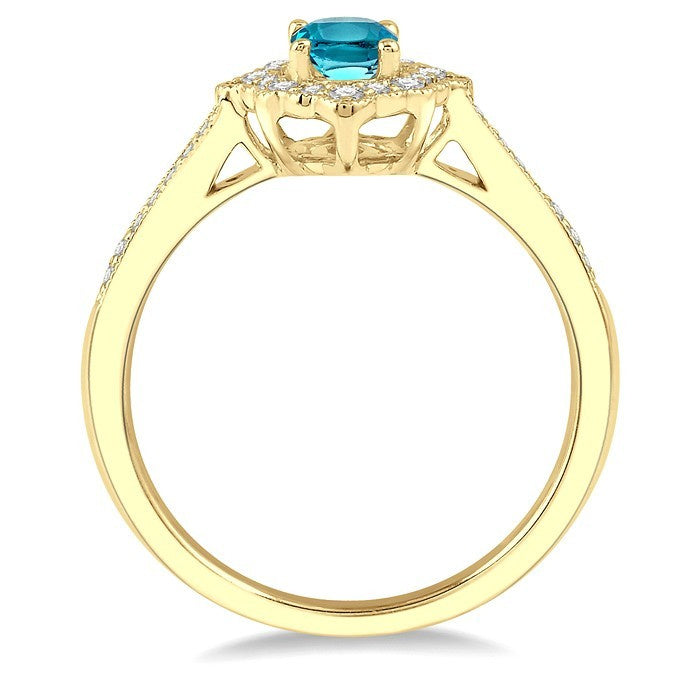 6x4 MM Oval Shape Aquamarine and 1/5 Ctw Round Cut Diamond Semi-Precious Ring in 10K Yellow Gold
