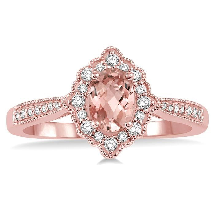 6x4 MM Oval Shape Morganite and 1/5 Ctw Round Cut Diamond Semi-Precious Ring in 10K Rose Gold