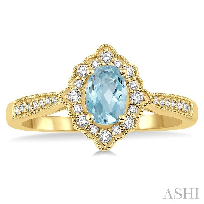 6x4 MM Oval Shape Aquamarine and 1/5 Ctw Round Cut Diamond Semi-Precious Ring in 10K Yellow Gold