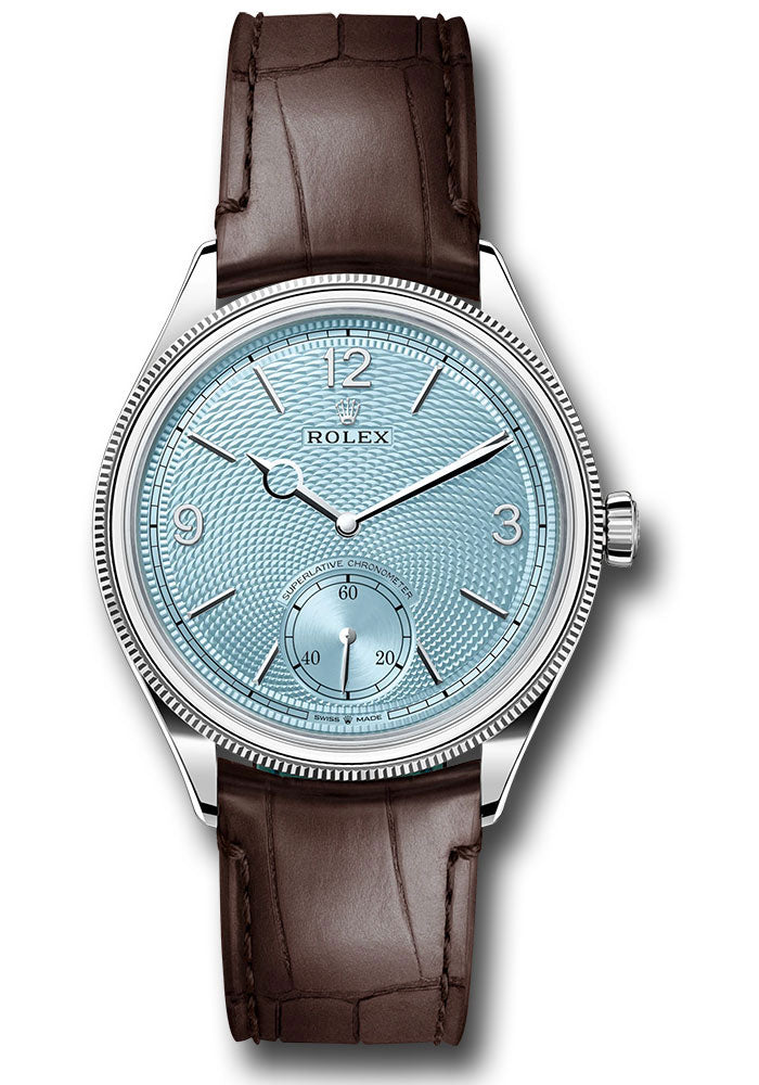 *Pre-Owned* Rolex Platinum 1908 Watch - Domed And Fluted Bezel - Ice Blue Rice-Grain Motif Index Dial - Matt Brown Alligator Leather Strap