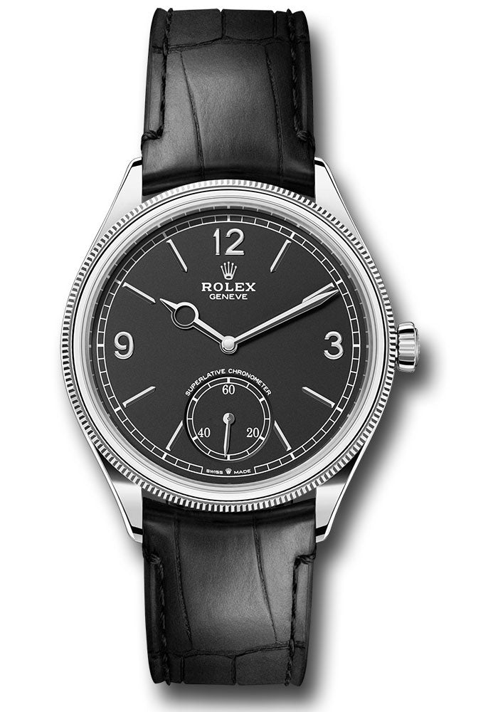 *Pre-Owned* Rolex White Gold 1908 Watch - Domed And Fluted Bezel - Black Index Arabic Dial - Alligator Leather Strap