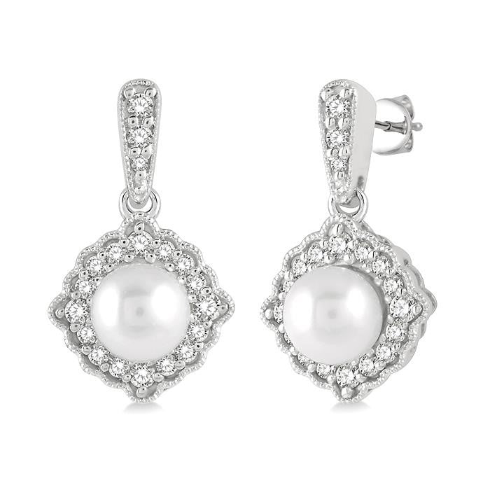 6 MM Cultured Pearl and 1/4 Ctw Round Cut Diamond Halo Earrings in 10K White Gold