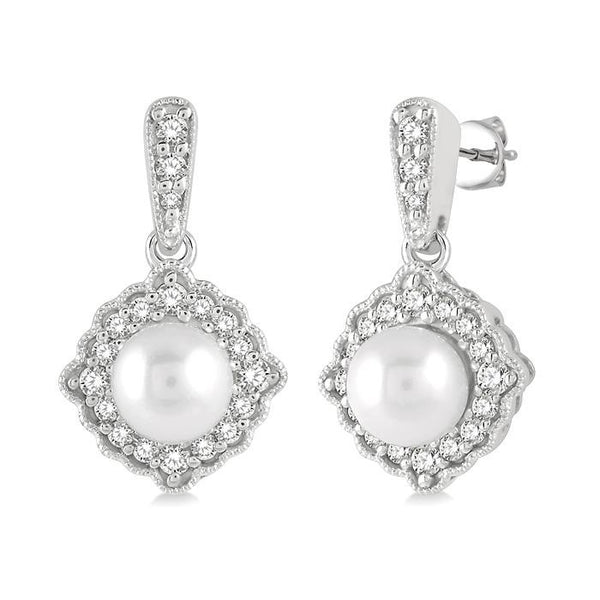 6 MM Cultured Pearl and 1/4 Ctw Round Cut Diamond Halo Earrings in 10K White Gold