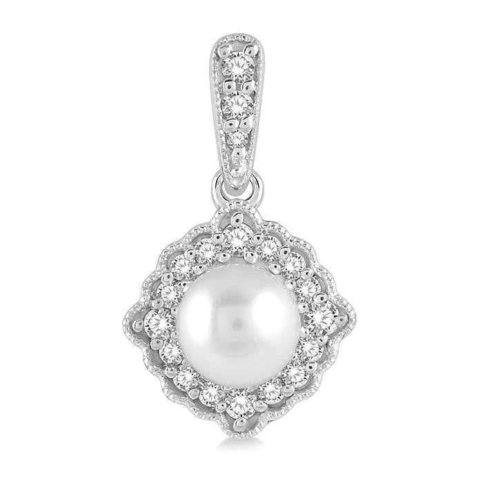 6 MM Cultured Pearl and 1/4 Ctw Round Cut Diamond Halo Earrings in 10K White Gold