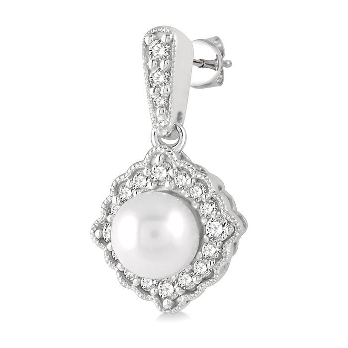 6 MM Cultured Pearl and 1/4 Ctw Round Cut Diamond Halo Earrings in 10K White Gold