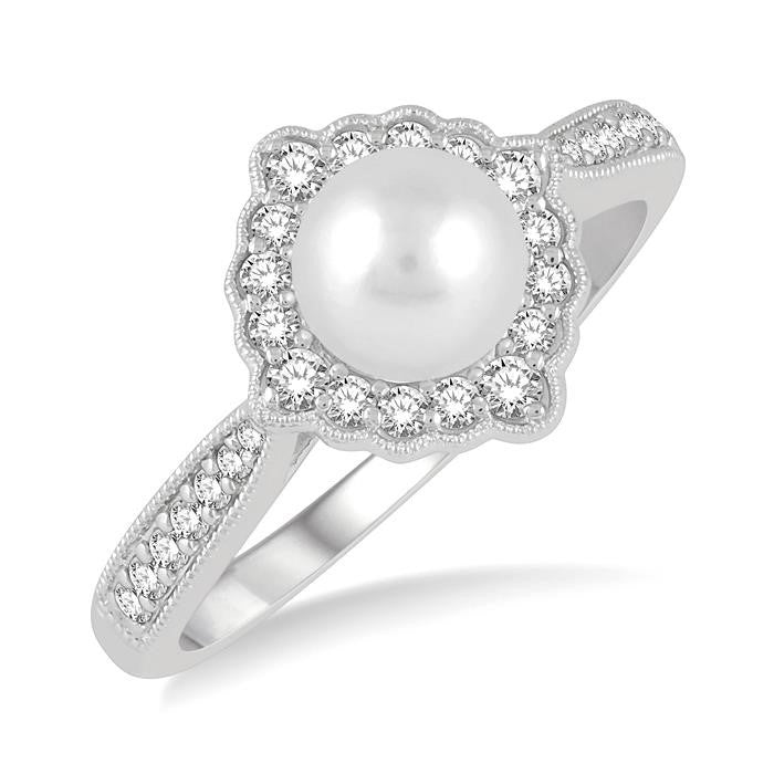 7 MM Cultured Pearl and 1/4 Ctw Round Cut Diamond Halo Ring in 10K White Gold