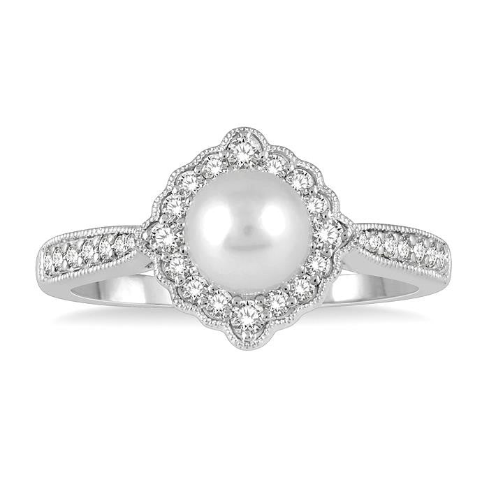 7 MM Cultured Pearl and 1/4 Ctw Round Cut Diamond Halo Ring in 10K White Gold