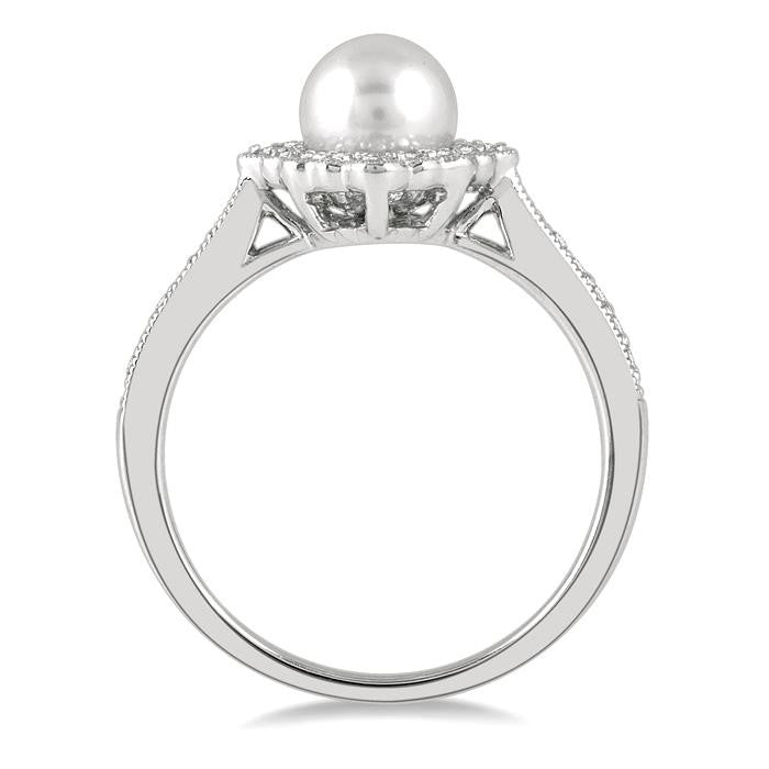 7 MM Cultured Pearl and 1/4 Ctw Round Cut Diamond Halo Ring in 10K White Gold