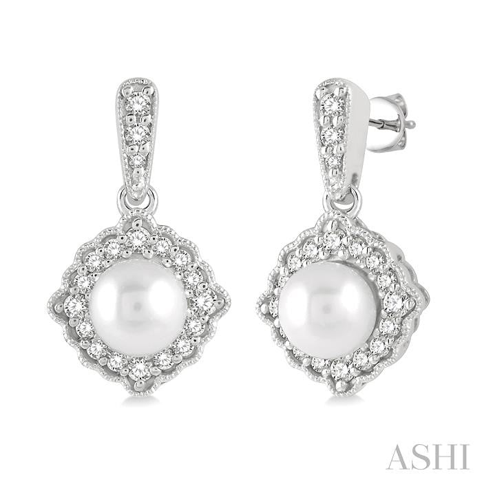 6 MM Cultured Pearl and 1/4 Ctw Round Cut Diamond Halo Earrings in 10K White Gold