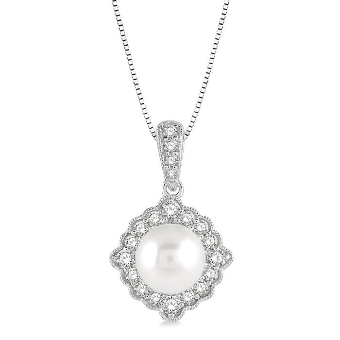 7 MM Cultured Pearl and 1/5 Ctw Round Cut Diamond Halo Pendant With Chain in 10K White Gold