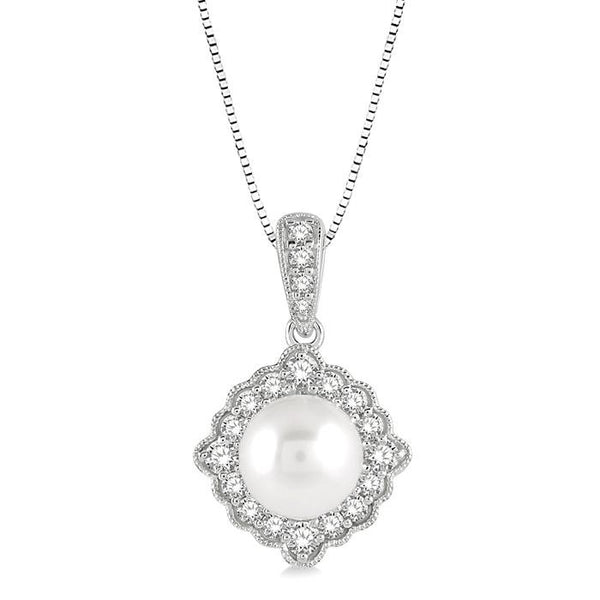 7 MM Cultured Pearl and 1/5 Ctw Round Cut Diamond Halo Pendant With Chain in 10K White Gold