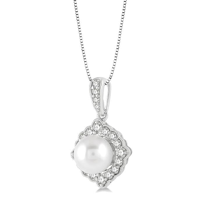 7 MM Cultured Pearl and 1/5 Ctw Round Cut Diamond Halo Pendant With Chain in 10K White Gold