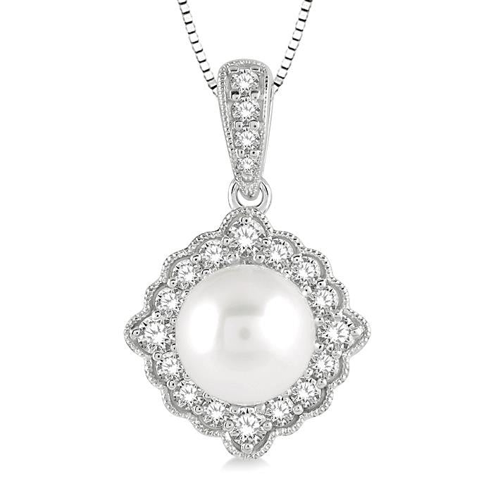 7 MM Cultured Pearl and 1/5 Ctw Round Cut Diamond Halo Pendant With Chain in 10K White Gold