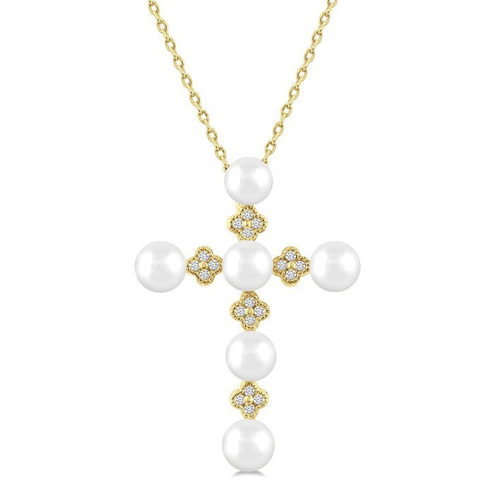 4 MM Round Shape Cultured Pearl and 1/10 Ctw Clover Round Cut Diamond Cross Pendant With Chain in 10K Yellow Gold