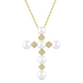 4 MM Round Shape Cultured Pearl and 1/10 Ctw Clover Round Cut Diamond Cross Pendant With Chain in 10K Yellow Gold