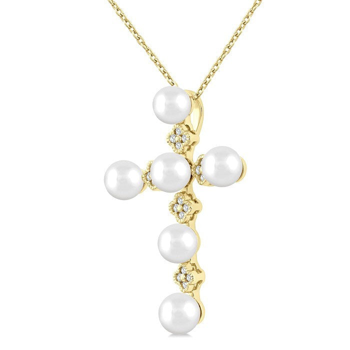 4 MM Round Shape Cultured Pearl and 1/10 Ctw Clover Round Cut Diamond Cross Pendant With Chain in 10K Yellow Gold