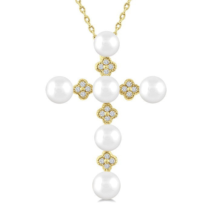4 MM Round Shape Cultured Pearl and 1/10 Ctw Clover Round Cut Diamond Cross Pendant With Chain in 10K Yellow Gold