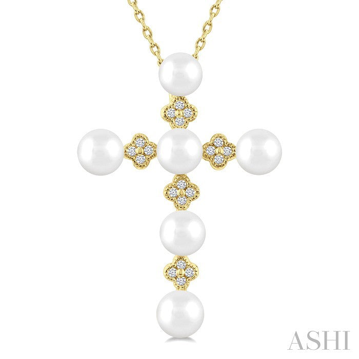 4 MM Round Shape Cultured Pearl and 1/10 Ctw Clover Round Cut Diamond Cross Pendant With Chain in 10K Yellow Gold