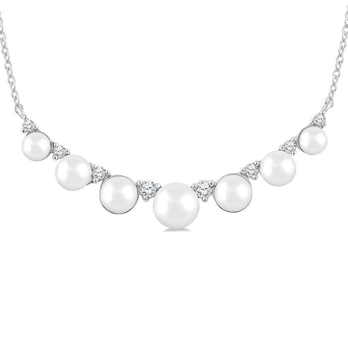 3.5 MM-5 MM Cultured Pearl and 1/6 Ctw Round Cut Diamond Smile Necklace in 10K White Gold