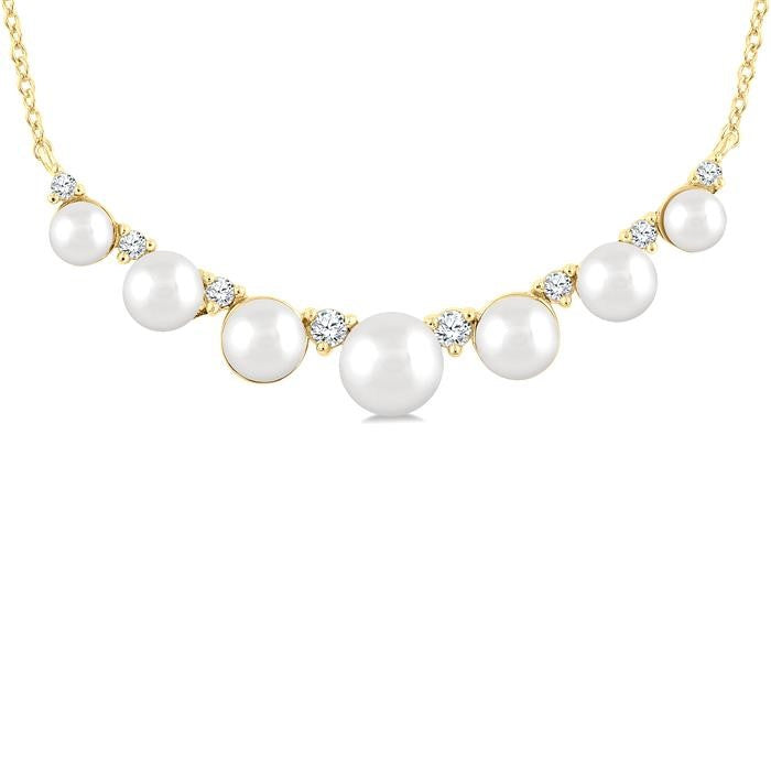 3.5 MM-5 MM Cultured Pearl and 1/6 Ctw Round Cut Diamond Smile Necklace in 10K Yellow Gold