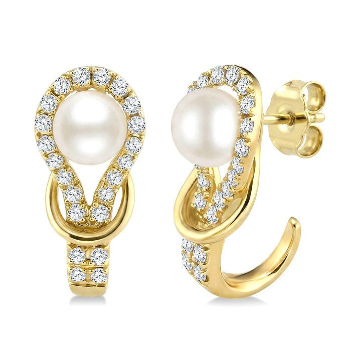 4.5 MM White Cultured Pearl and 1/5 Ctw Round Cut Diamond Fashion Earrings in 10K Yellow Gold