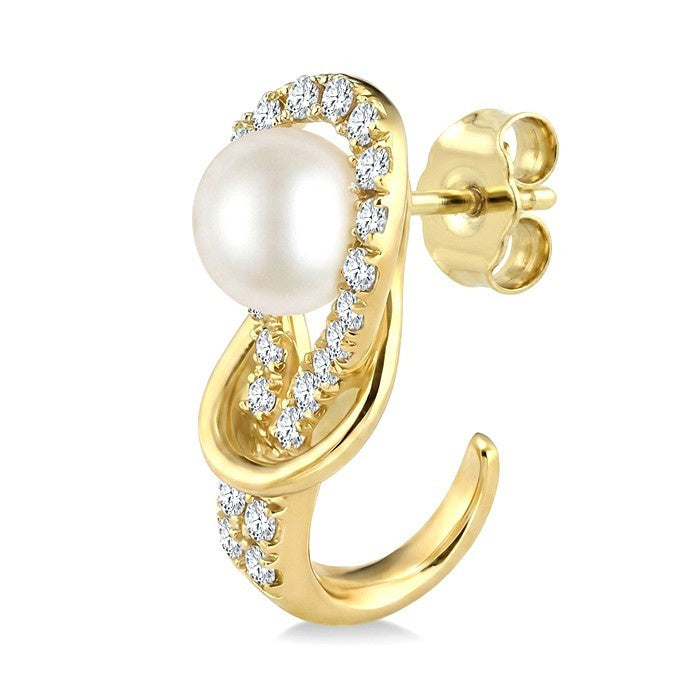 4.5 MM White Cultured Pearl and 1/5 Ctw Round Cut Diamond Fashion Earrings in 10K Yellow Gold