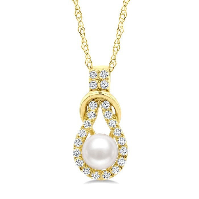 5 MM White Cultured Pearl and 1/8 Ctw Round Cut Diamond Fashion Pendant With Chain in 10K Yellow Gold