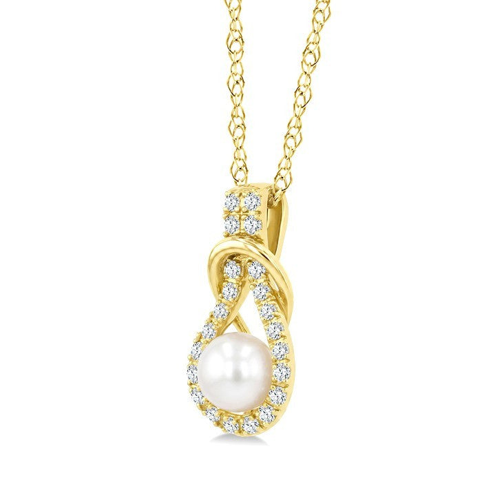 5 MM White Cultured Pearl and 1/8 Ctw Round Cut Diamond Fashion Pendant With Chain in 10K Yellow Gold