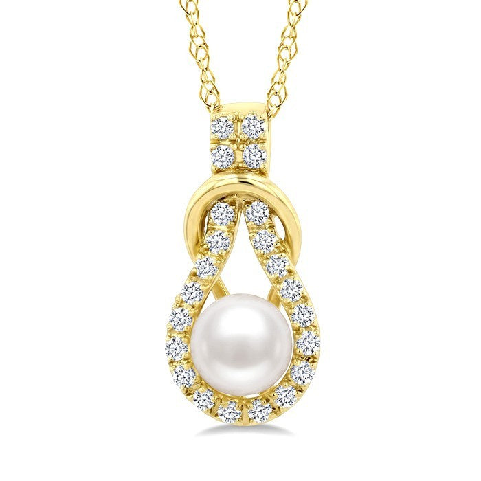 5 MM White Cultured Pearl and 1/8 Ctw Round Cut Diamond Fashion Pendant With Chain in 10K Yellow Gold