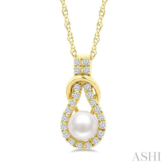 5 MM White Cultured Pearl and 1/8 Ctw Round Cut Diamond Fashion Pendant With Chain in 10K Yellow Gold