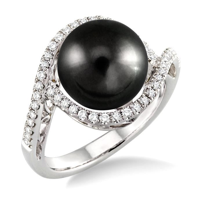 11 MM Black Cultured Pearl and 1/3 Ctw Round Cut Diamond Ring in 14K White Gold