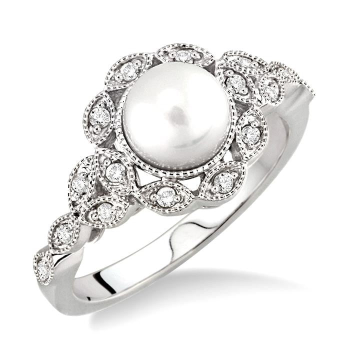 6.5 MM Cultured Pearl and 1/8 Ctw Round Cut Diamond Ring in 14K White Gold