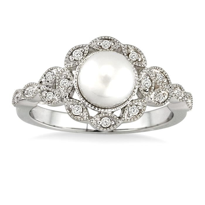 6.5 MM Cultured Pearl and 1/8 Ctw Round Cut Diamond Ring in 14K White Gold