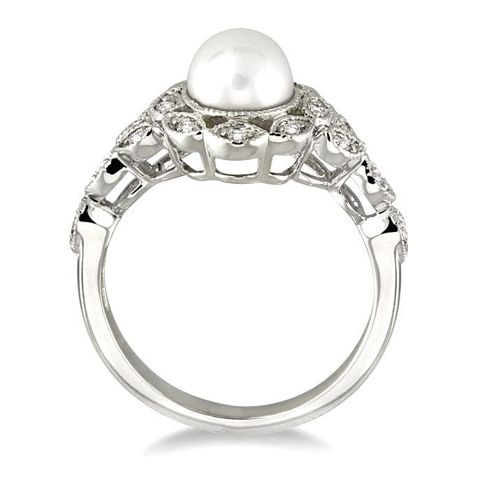 6.5 MM Cultured Pearl and 1/8 Ctw Round Cut Diamond Ring in 14K White Gold