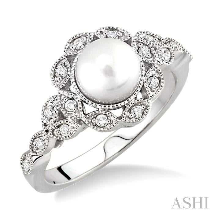 6.5 MM Cultured Pearl and 1/8 Ctw Round Cut Diamond Ring in 10K White Gold