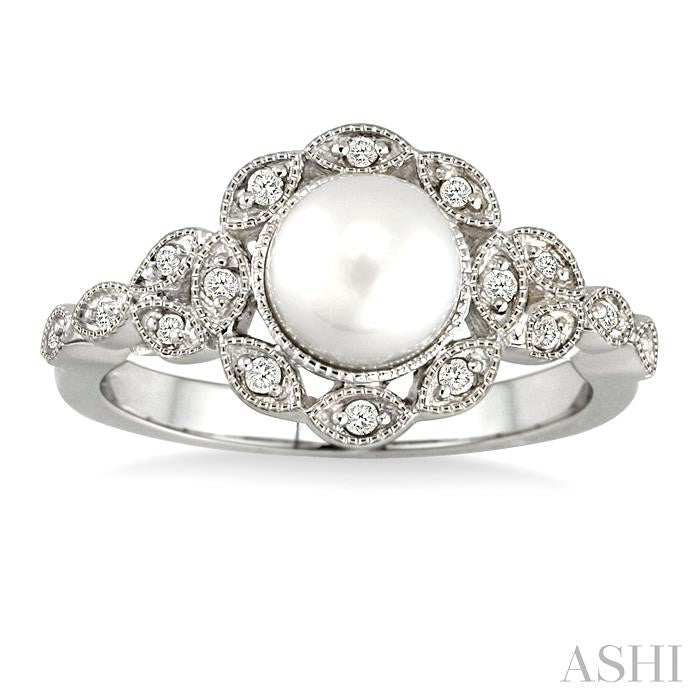 6.5 MM Cultured Pearl and 1/8 Ctw Round Cut Diamond Ring in 10K White Gold