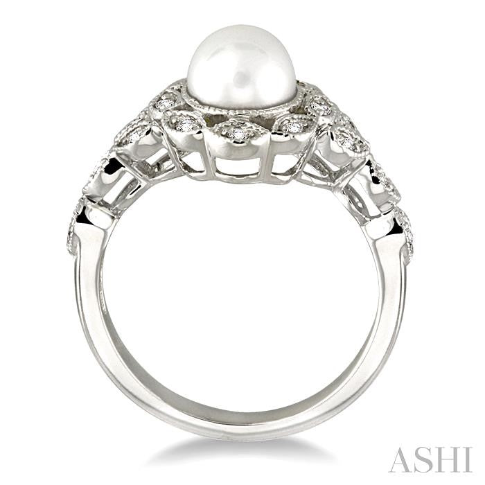 6.5 MM Cultured Pearl and 1/8 Ctw Round Cut Diamond Ring in 10K White Gold