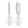 6 MM Round Shape Cultured Pearls and 1/8 Ctw Round Cut Diamond Drop Petite Huggie Earrings 14K White Gold